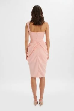 LUCIANA Curved One Shoulder Midi Dress In Coral Satin -Wedding Guest Dresses Sales LA 243DS31 ORN 5836
