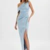 JOANNA Bonded Satin Pleated Maxi Dress In Dusty Blue -Wedding Guest Dresses Sales LA 244BR03 BLU 9872