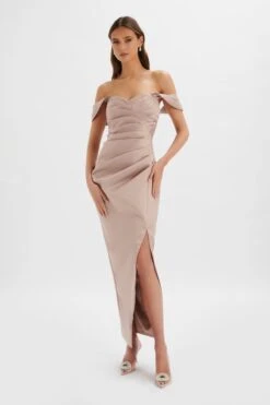 KAITLIN Bonded Satin Off Shoulder Maxi Dress In Mink -Wedding Guest Dresses Sales LA 244BR06 BRN 9269