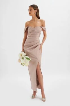 KAITLIN Bonded Satin Off Shoulder Maxi Dress In Mink -Wedding Guest Dresses Sales LA 244BR06 BRN 9284