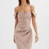 KAITLIN Bonded Satin Off Shoulder Maxi Dress In Mink -Wedding Guest Dresses Sales LA 244BR06 BRN 9299