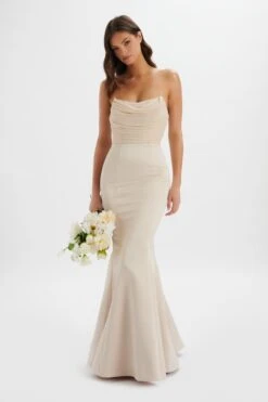 RENATA Bonded Satin Corset Maxi Dress In Champagne -Wedding Guest Dresses Sales LA 244BR11 BEI 8804