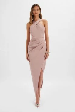 MADELINE Satin Cross Front Wrap Maxi Dress In Dusty Purple