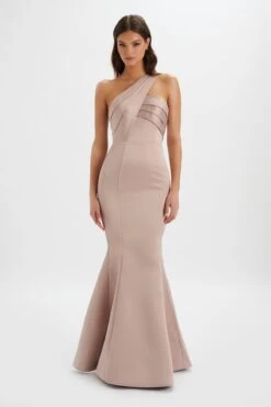 SHAILENE Bonded Satin Asymmetric Maxi Dress In Mink -Wedding Guest Dresses Sales LA 244BR14 BRN 8954