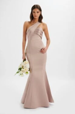 SHAILENE Bonded Satin Asymmetric Maxi Dress In Mink -Wedding Guest Dresses Sales LA 244BR14 BRN 8971