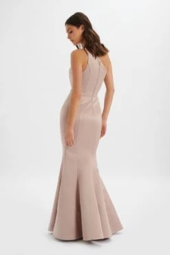 SHAILENE Bonded Satin Asymmetric Maxi Dress In Mink -Wedding Guest Dresses Sales LA 244BR14 BRN 9008