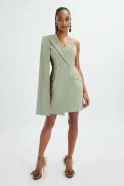 AIRE One Shoulder Cape Blazer Dress In Sage Green -Wedding Guest Dresses Sales LA 261DS06 GRN 0141