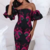 CAPRI Jacquard Volume Sleeve Bardot Midi Dress In Black -Wedding Guest Dresses Sales LA 261DS14 BLK1