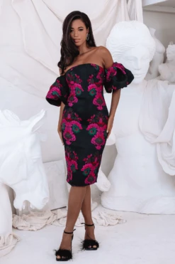 CAPRI Jacquard Volume Sleeve Bardot Midi Dress In Black -Wedding Guest Dresses Sales LA 261DS14 BLK2