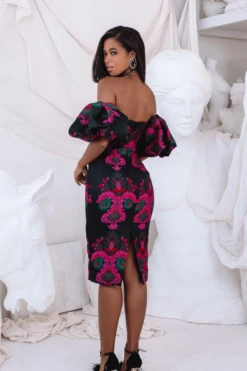 CAPRI Jacquard Volume Sleeve Bardot Midi Dress In Black -Wedding Guest Dresses Sales LA 261DS14 BLK4