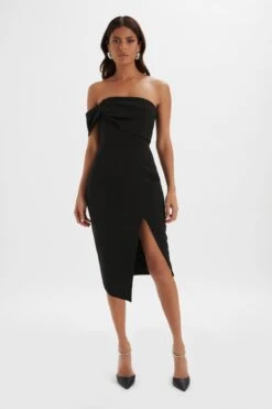 BRIE Bardot Knot Twisted One Shoulder Midi Dress In Black -Wedding Guest Dresses Sales LA 261DS18 BLK 4573