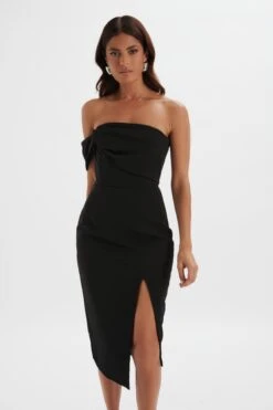 BRIE Bardot Knot Twisted One Shoulder Midi Dress In Black -Wedding Guest Dresses Sales LA 261DS18 BLK 4598