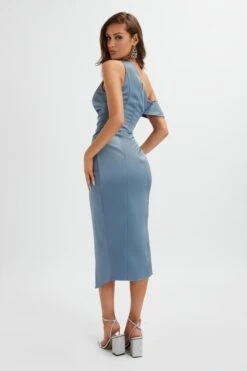 BAMBI Asymmetric Pleated Satin Midi Dress In Blue 9 BAMBI Asymmetric Pleated Satin Midi Dress In Blue -Wedding Guest Dresses Sales LA 261DS19 BLE 0514