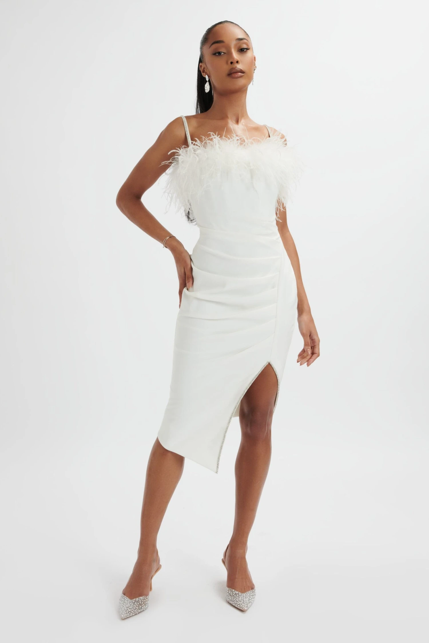 JESSICA Feather Bandeau Pleated Midi Dress In White 3 JESSICA Feather Bandeau Pleated Midi Dress In White