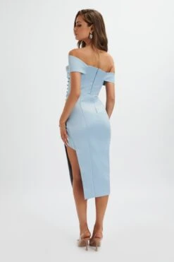 LUCILLE Bardot Bandeau Pleated Midi Dress In Cornflower Blue -Wedding Guest Dresses Sales LA 261DS27 BLU 1054