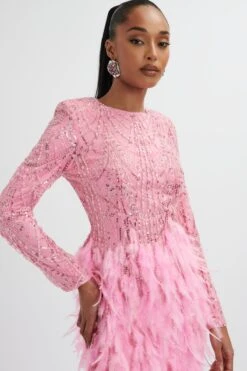 SELENE Embellished Feather Mini Dress In Pink -Wedding Guest Dresses Sales LA 262DS16 PNK 2063