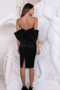 NISHA Bandeau Mesh Beaded Midi Dress With Satin Bow Detail In Black -Wedding Guest Dresses Sales LA 262DS32 BLK3