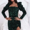 JODIE Velvet Sequin Puff Shoulder Mini Dress In Emerald Green 2 JODIE Velvet Sequin Puff Shoulder Mini Dress In Emerald Green -Wedding Guest Dresses Sales LA 262DS58A GRN2