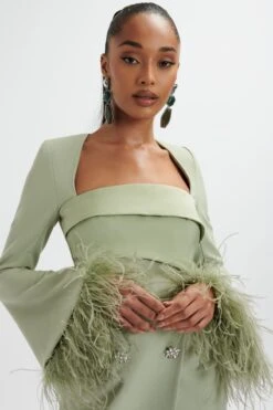 IONA Fluted Feather Sleeve Blazer Dress In Sage Green -Wedding Guest Dresses Sales LA 271DS02 GRN 0349