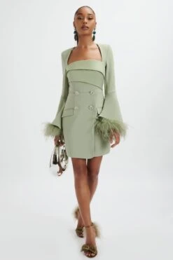 IONA Fluted Feather Sleeve Blazer Dress In Sage Green -Wedding Guest Dresses Sales LA 271DS02 GRN 0376