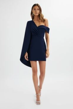 AIZA Asymmetric Cape Mini Dress In Navy 8 AIZA Asymmetric Cape Mini Dress In Navy -Wedding Guest Dresses Sales LA 271DS06 NVY 5113