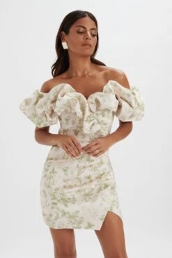 CARRIE Bonded Satin Bardot Mini Dress In Green Porcelain Print