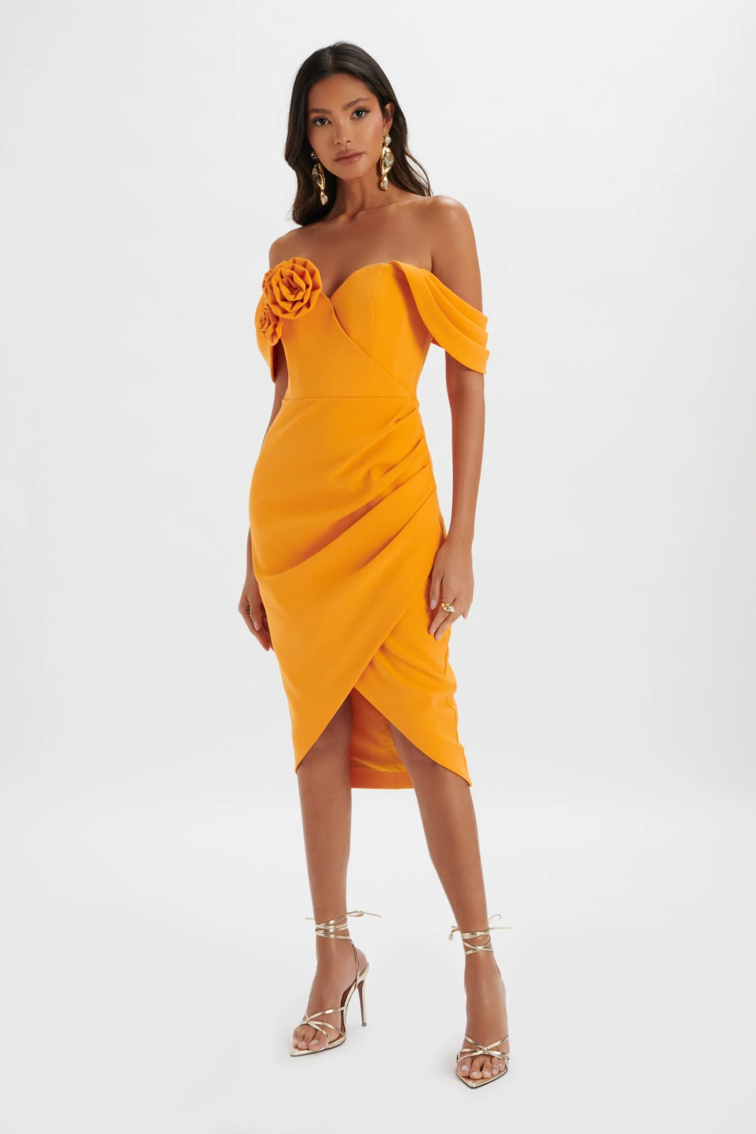 ZAMIRA 3D Flower Detail Off Shoulder Midi Dress In Orange 4 ZAMIRA 3D Flower Detail Off Shoulder Midi Dress In Orange - Image 2