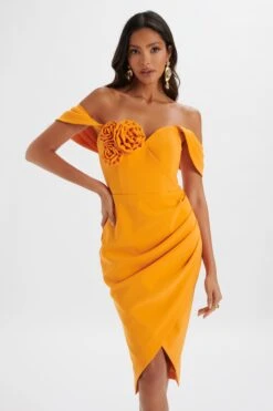 ZAMIRA 3D Flower Detail Off Shoulder Midi Dress In Orange 8 ZAMIRA 3D Flower Detail Off Shoulder Midi Dress In Orange -Wedding Guest Dresses Sales LA 271DS15 ORN R 7910