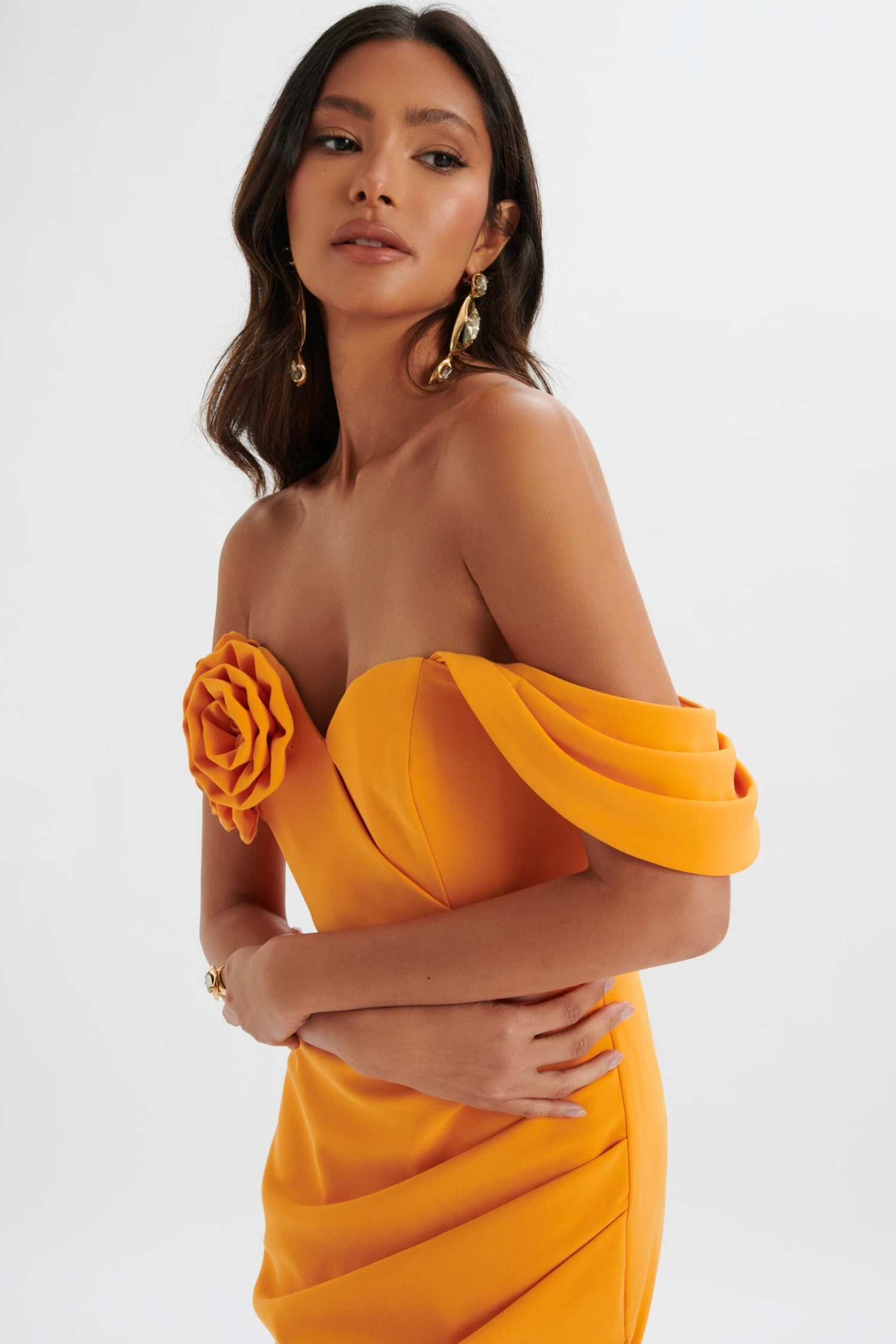 ZAMIRA 3D Flower Detail Off Shoulder Midi Dress In Orange 3 ZAMIRA 3D Flower Detail Off Shoulder Midi Dress In Orange