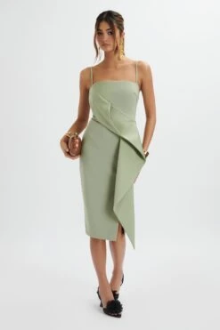 BONNIE Waterfall Frill Midi Dress In Sage Green -Wedding Guest Dresses Sales LA 271DS24 GRN 5796