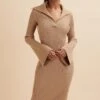 KAYA Knitted Ribbed Collar Midi Dress In Camel