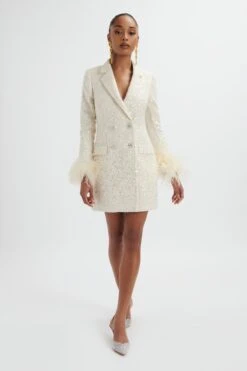 TANA Sequin Boucle Blazer Mini Dress In Cream -Wedding Guest Dresses Sales LA 272DS08 BEI 2546