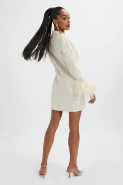 TANA Sequin Boucle Blazer Mini Dress In Cream -Wedding Guest Dresses Sales LA 272DS08 BEI 2601