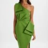 BLOOM One Shoulder Bow Detail Satin Midi Dress In Green 2 BLOOM One Shoulder Bow Detail Satin Midi Dress In Green -Wedding Guest Dresses Sales LA 272DS16 GRN R 7974