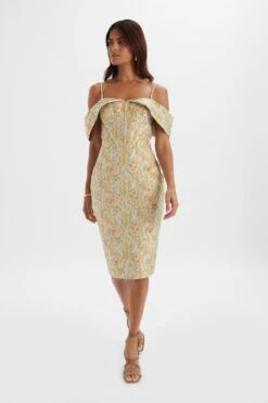 AMIA Bardot Sleeve Midi Dress In Floral Jacquard 7 AMIA Bardot Sleeve Midi Dress In Floral Jacquard -Wedding Guest Dresses Sales LA 272DS19 PBE 1310