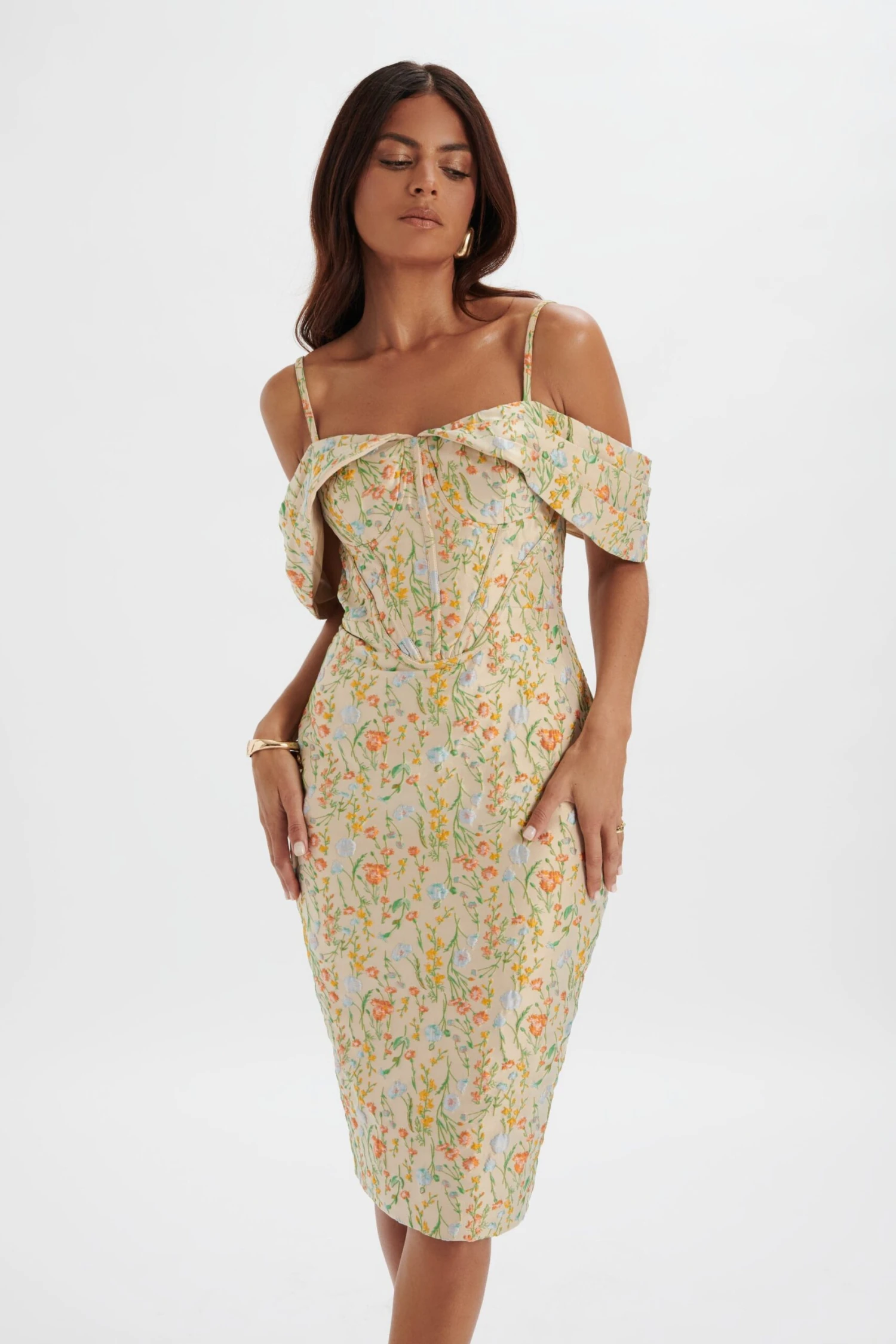 AMIA Bardot Sleeve Midi Dress In Floral Jacquard 5 AMIA Bardot Sleeve Midi Dress In Floral Jacquard - Image 3