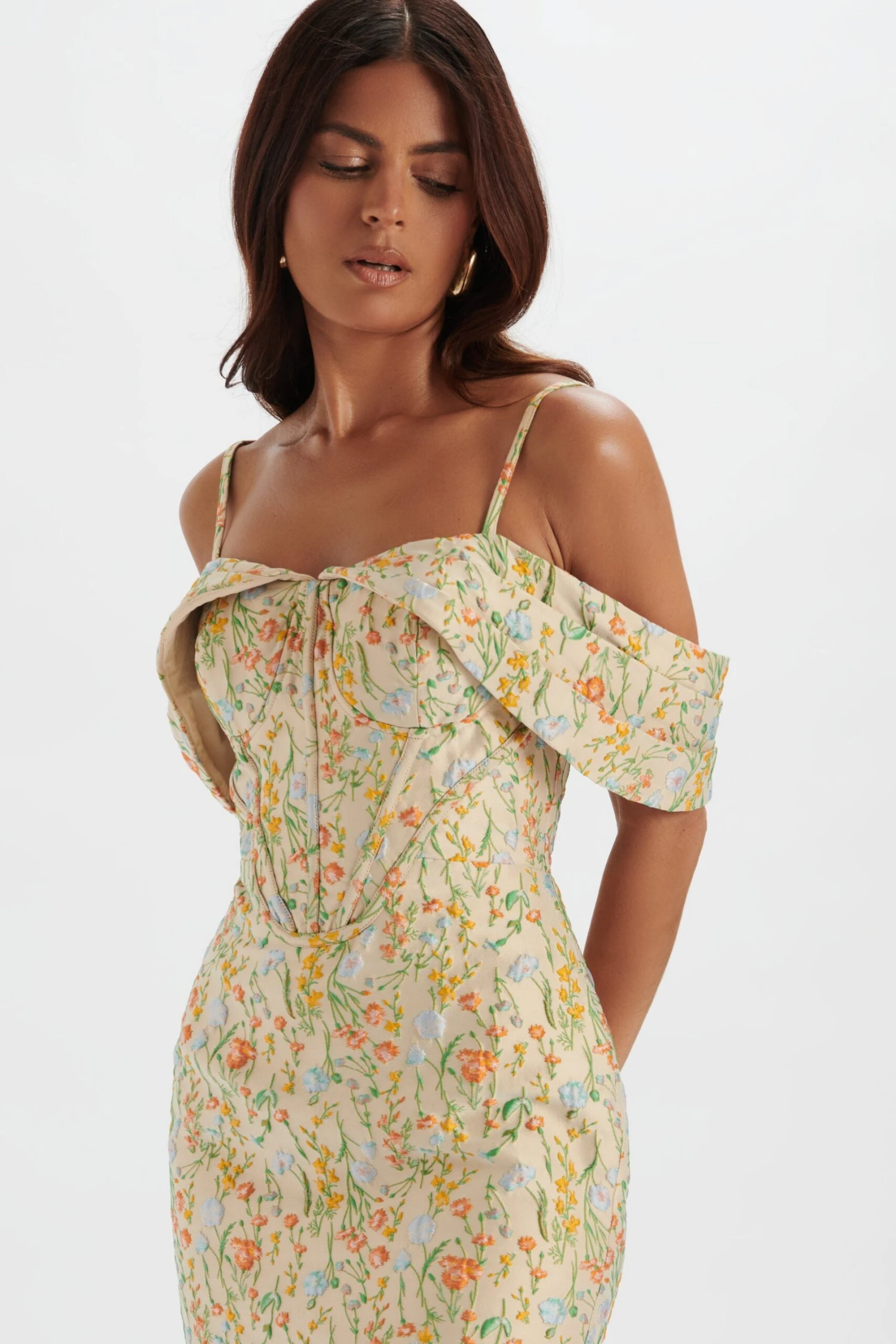 AMIA Bardot Sleeve Midi Dress In Floral Jacquard 3 AMIA Bardot Sleeve Midi Dress In Floral Jacquard