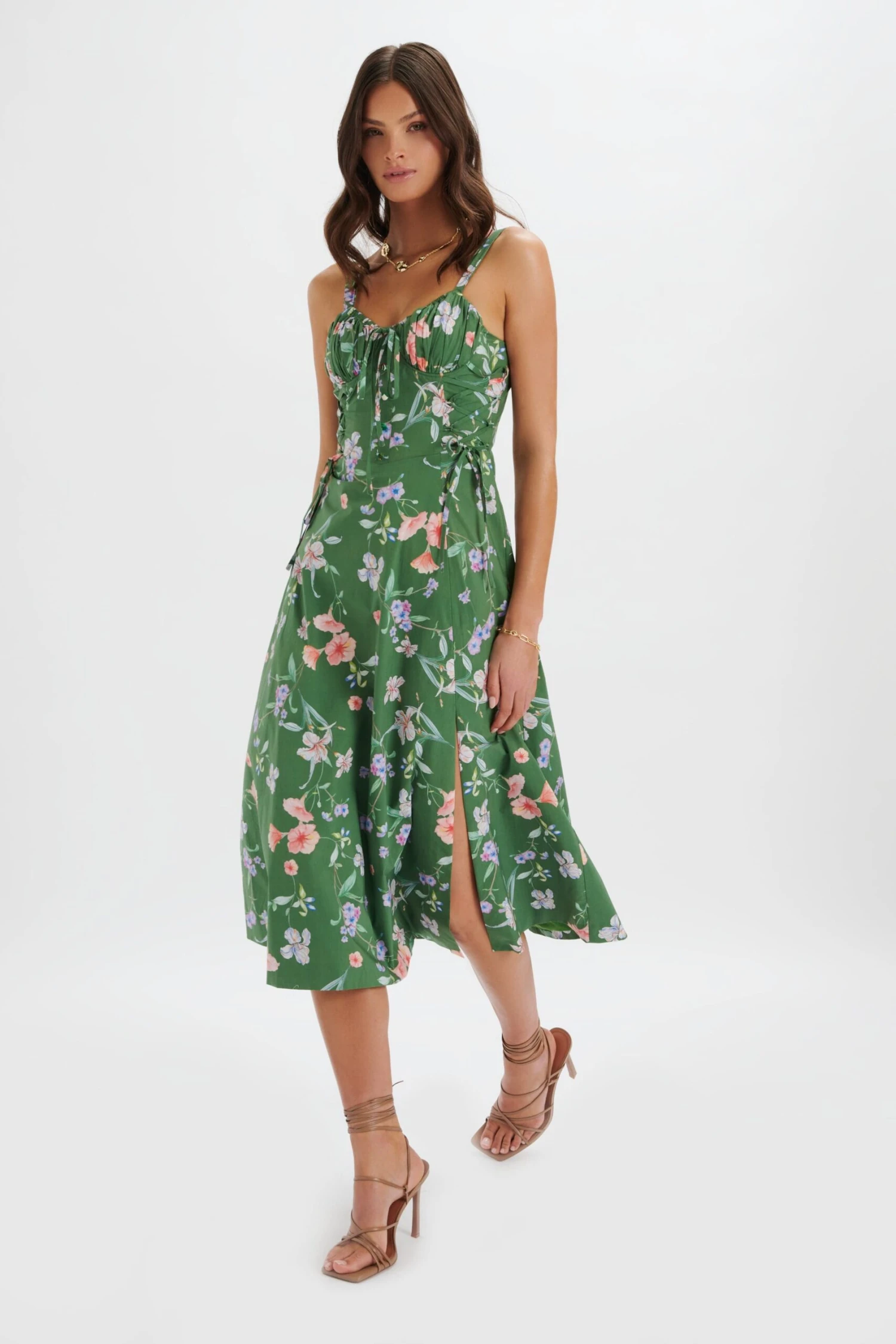 ROSEY Gathered Longline Dress In Green Floral Print 5 ROSEY Gathered Longline Dress In Green Floral Print - Image 3