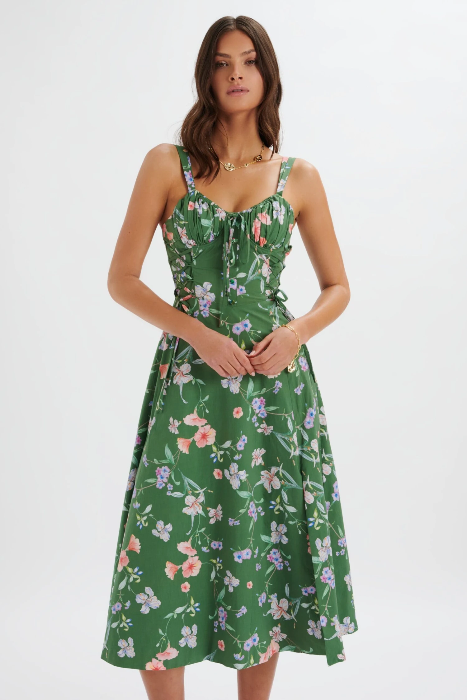 ROSEY Gathered Longline Dress In Green Floral Print 4 ROSEY Gathered Longline Dress In Green Floral Print - Image 2