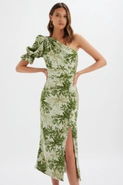 NAKIA Asymmetric Puff Sleeve Midi Dress In Botanical Print -Wedding Guest Dresses Sales LA 272DS40 PGR 0270