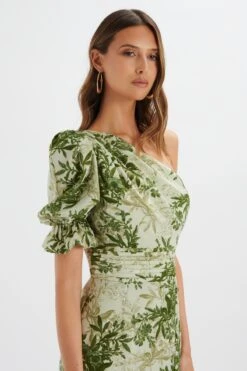 NAKIA Asymmetric Puff Sleeve Midi Dress In Botanical Print -Wedding Guest Dresses Sales LA 272DS40 PGR 0285