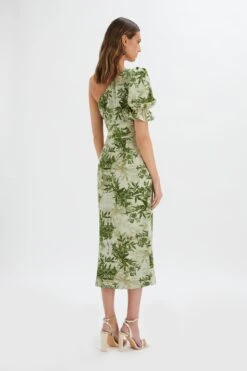 NAKIA Asymmetric Puff Sleeve Midi Dress In Botanical Print -Wedding Guest Dresses Sales LA 272DS40 PGR 0290