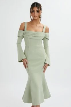 SIA Ponte Pleated Cowl Longline Midi Dress In Sage Green -Wedding Guest Dresses Sales LA 272DS42 GRN 6555