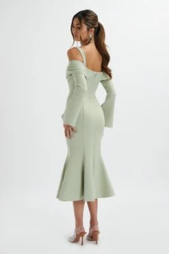 SIA Ponte Pleated Cowl Longline Midi Dress In Sage Green -Wedding Guest Dresses Sales LA 272DS42 GRN 6575