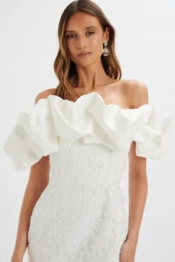 MARCIA 3D Embroidered Satin Puff Mini Dress In White -Wedding Guest Dresses Sales LA 272DS55 WHT 1436