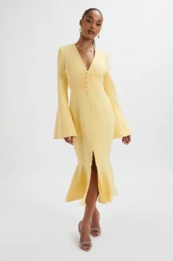 **PRE-ORDER** SALMA Fluted Sleeve Longline Fishtail Midi Dress In Yellow -Wedding Guest Dresses Sales LA 272DS65A YEL 2728