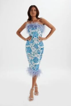 SAMI Feather Bandeau Midi Dress In White And Blue Rose Sequin -Wedding Guest Dresses Sales LA 272DS69 BLU 1569