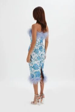 SAMI Feather Bandeau Midi Dress In White And Blue Rose Sequin -Wedding Guest Dresses Sales LA 272DS69 BLU 1599