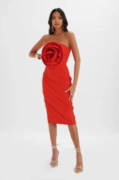 BELLE 3D Flower Bandeau Midi Dress In Red -Wedding Guest Dresses Sales LA 272DS71A RED R 7646
