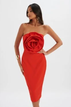 BELLE 3D Flower Bandeau Midi Dress In Red -Wedding Guest Dresses Sales LA 272DS71A RED R 7671